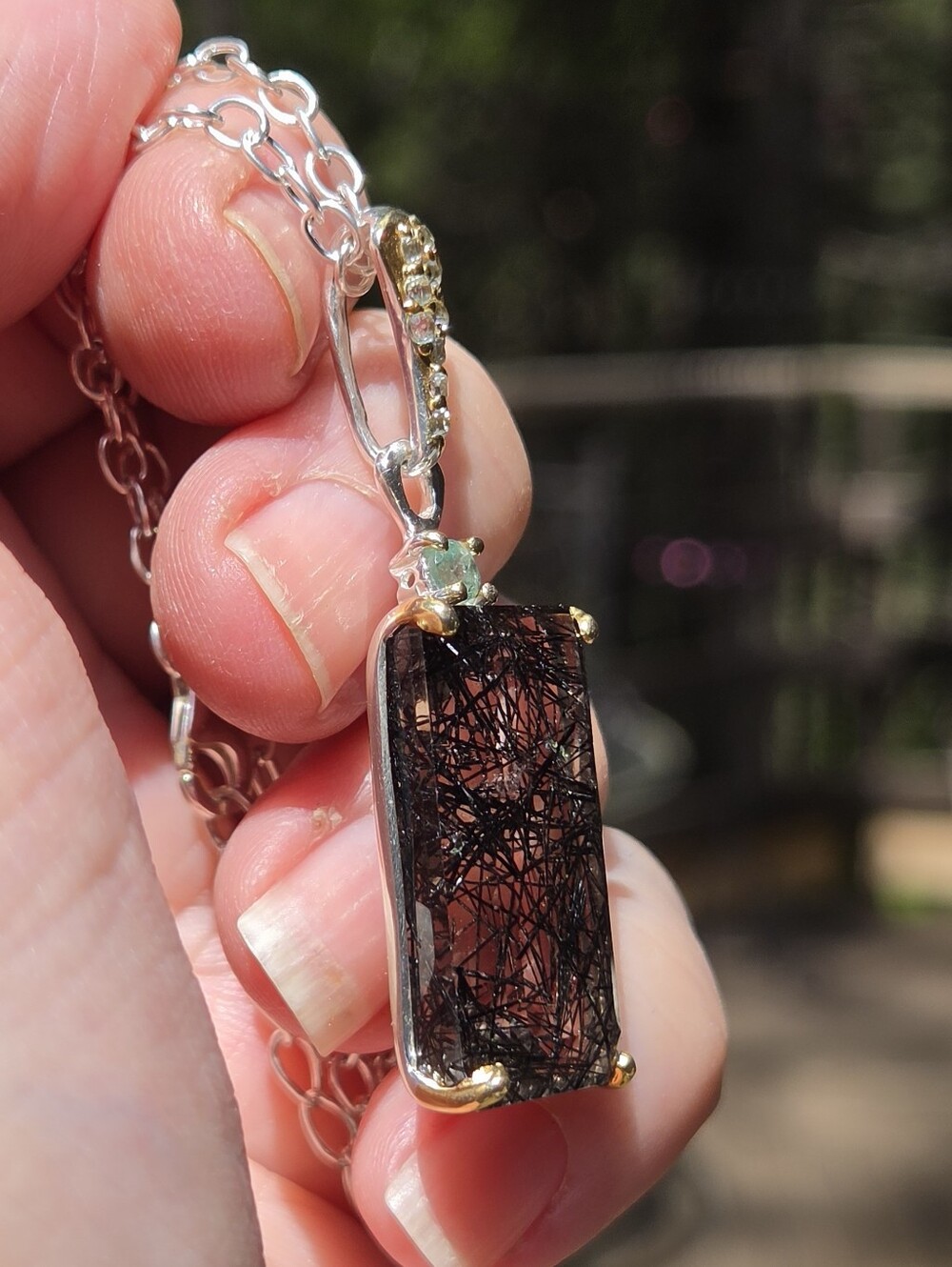 Rutilated Quartz Emerald Cut Natural 28k Topaz&tourmaline Pendant Necklace 18" - Picture 10 of 13